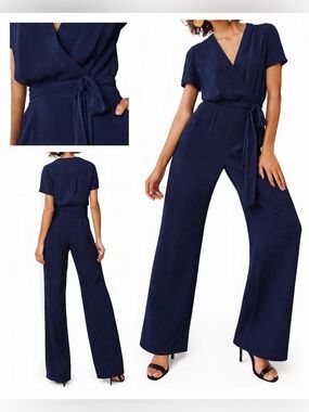 Diane Von Furstenberg Purdy Wrap Jumpsuit Navy Wide Leg Size 8